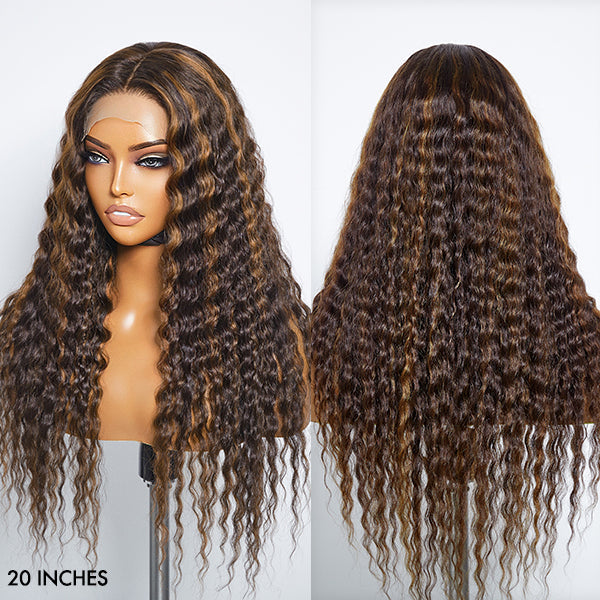 Boho-Chic | Chestnut Brown Highlights Bohemian Curly 5x5 Closure Lace Glueless Mid Part Long Curly Wig  - US ONLY