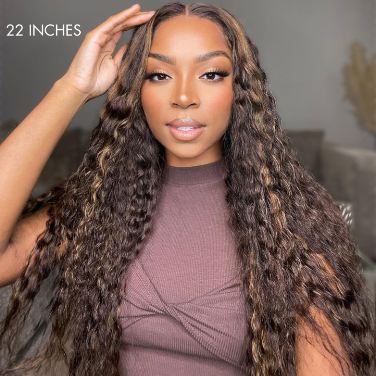 Boho-Chic | Chestnut Brown Highlights Bohemian Curly 5x5 Closure Lace Glueless Mid Part Long Curly Wig  - US ONLY