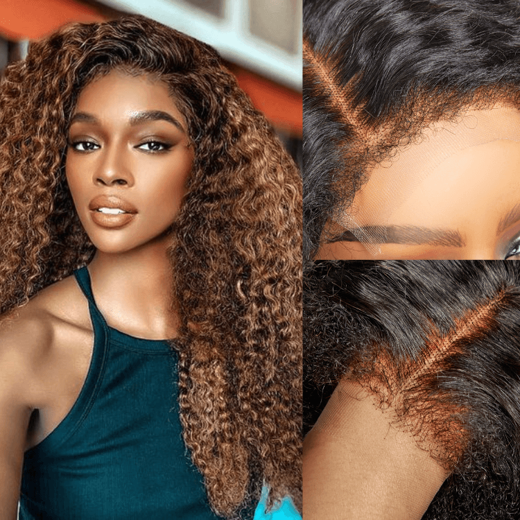 4C Edges | Kinky Edges Ombre Brown Deep Wave Glueless 13x4 Frontal HD Lace Side Part Long Wig  - US Only