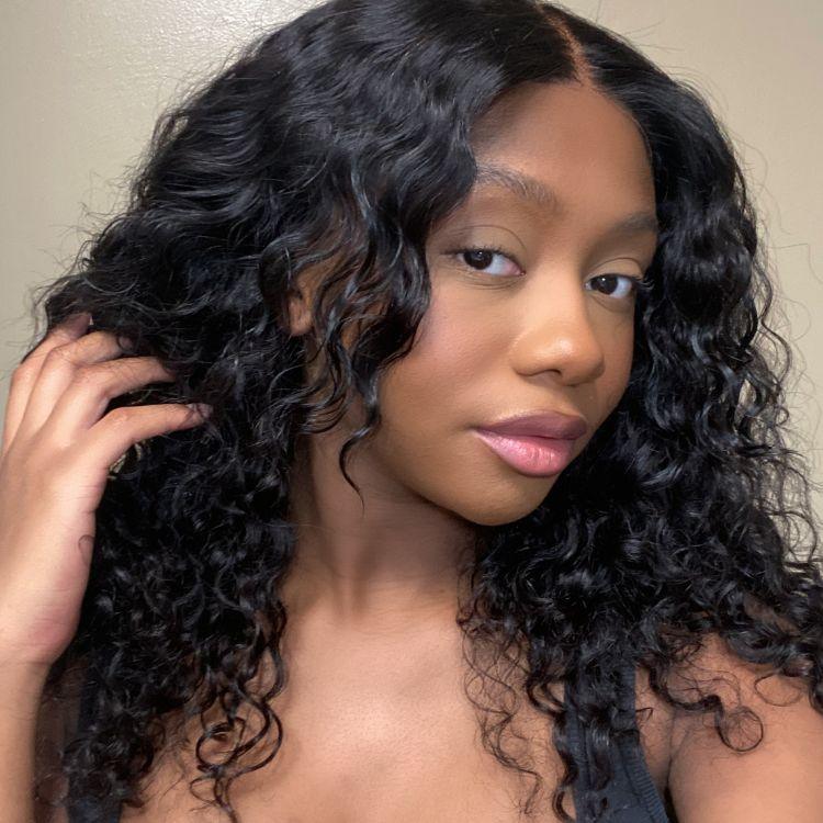 Face-Framing Layered Cut Bouncy Water Wave 4x4 Closure Lace Long Curly Wig with Bangs - US ONLY