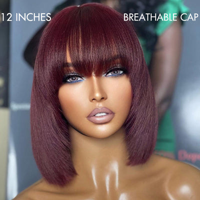 Spécial hebdomadaire | Mettez-vous et allez Violet rougeâtre / Marron / Naturel Noir Layered Cut Yaki Straight Minimalist Lace Bob Wig with Bangs