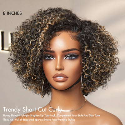 Offre spéciale | Trendy Short Cut Curly Minimalist HD Perruque de partie latérale sans colle en dentelle 100% Cheveux humains