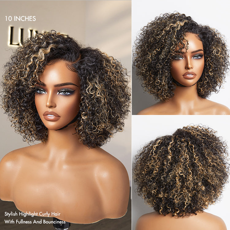 Offre spéciale | Trendy Short Cut Curly Minimalist HD Perruque de partie latérale sans colle en dentelle 100% Cheveux humains