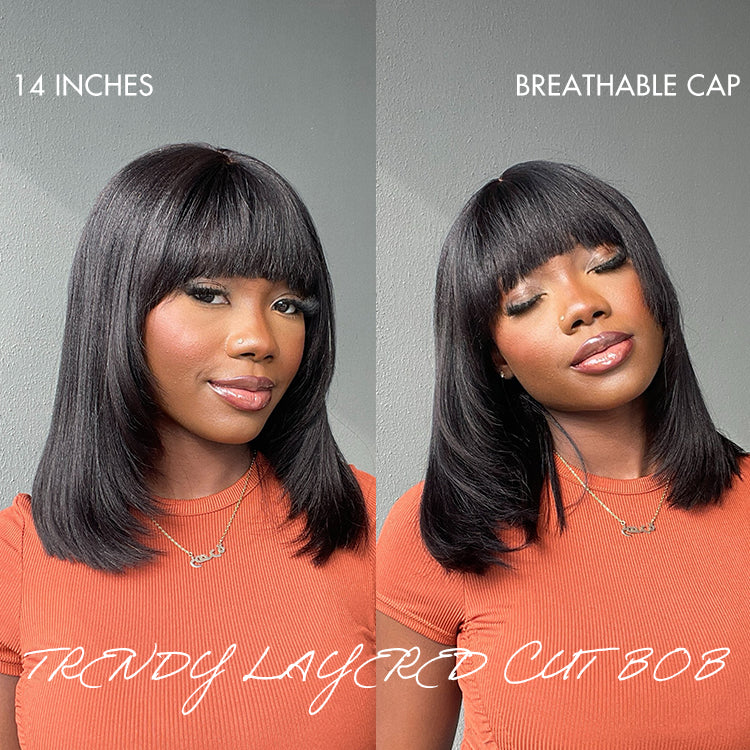 Spécial hebdomadaire | Mettez-vous et allez Violet rougeâtre / Marron / Naturel Noir Layered Cut Yaki Straight Minimalist Lace Bob Wig with Bangs