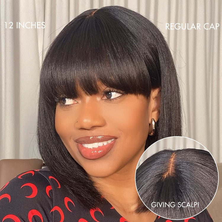 Spécial hebdomadaire | Mettez-vous et allez Violet rougeâtre / Marron / Naturel Noir Layered Cut Yaki Straight Minimalist Lace Bob Wig with Bangs