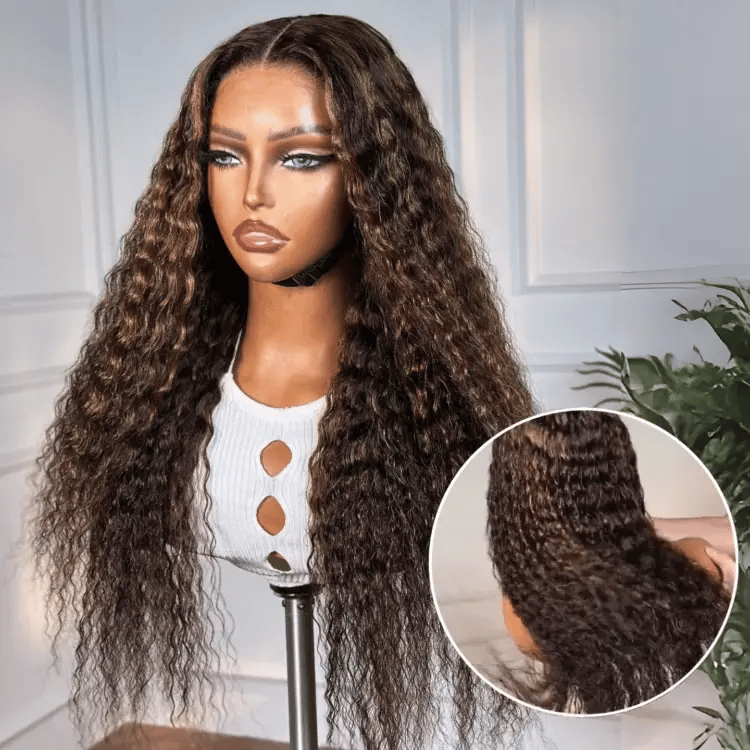 Boho-Chic | Chestnut Brown Highlights Bohemian Curly 5x5 Closure Lace Glueless Mid Part Long Curly Wig  - US ONLY