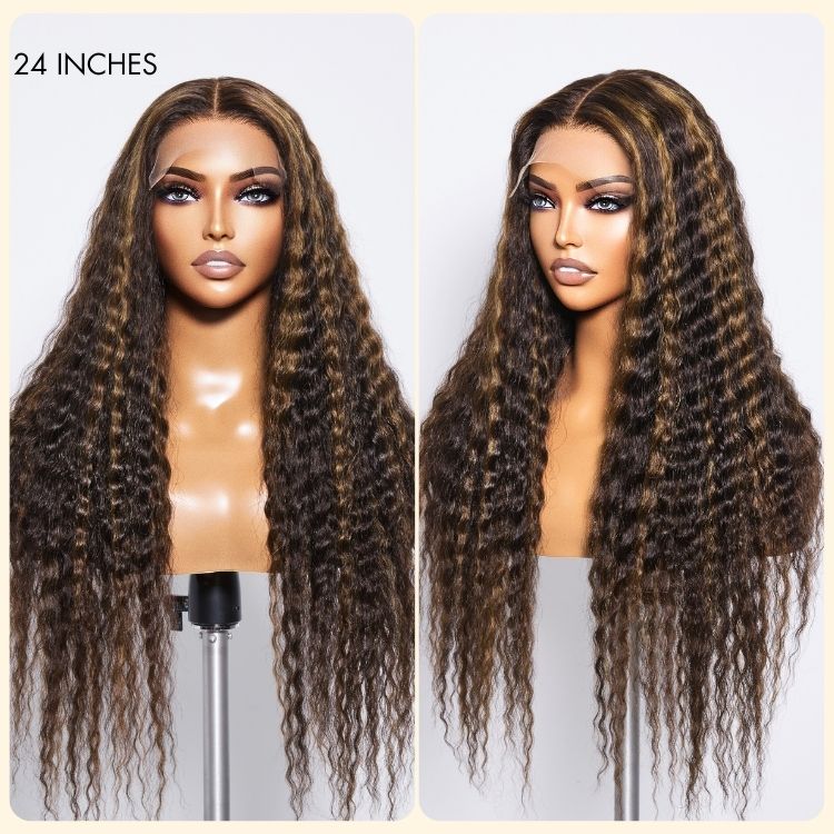 Boho-Chic | Chestnut Brown Highlights Bohemian Curly 5x5 Closure Lace Glueless Mid Part Long Curly Wig  - US ONLY