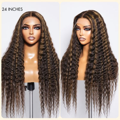 Boho-Chic | Chestnut Brown Highlights Bohemian Curly 5x5 Closure Lace Glueless Mid Part Long Curly Wig  - US ONLY