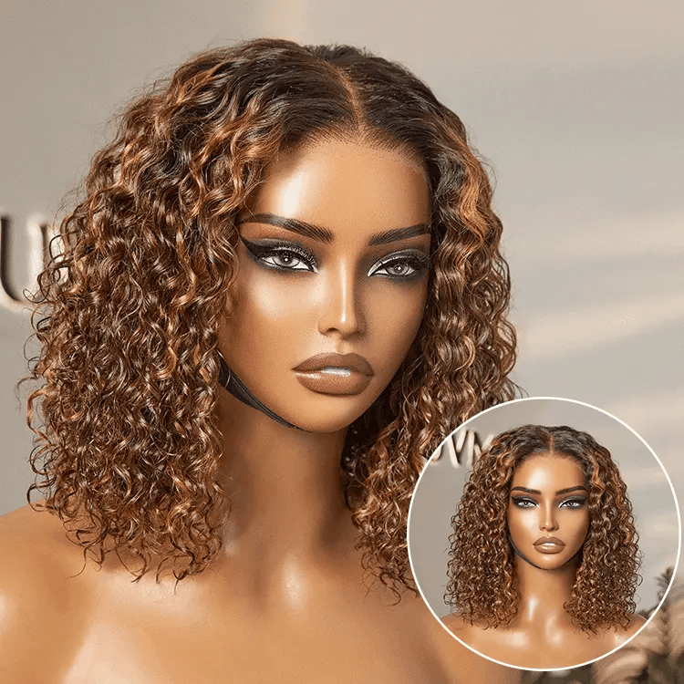 Mercredi fou | Highlight brun / Noir naturel / Blond Highlight Deep Curly Glueless 5x5 Closure Pre-Cut Lace Wig Breathable Cap