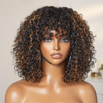 Beginner Friendly Water Wave Minimalist Lace Glueless Short Curly Wig with Bangs