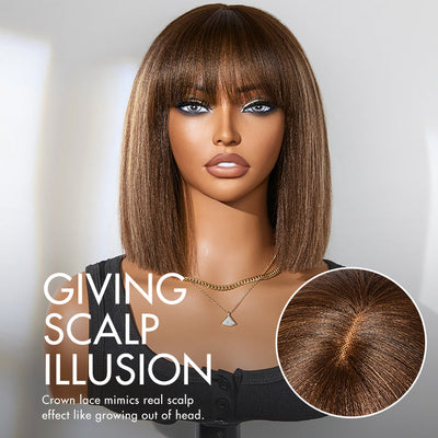 New Customers Only | Put On and Go Realistic Glueless Yaki Straight Bob with Bangs Minimalist Lace Wig 100% Human Hair