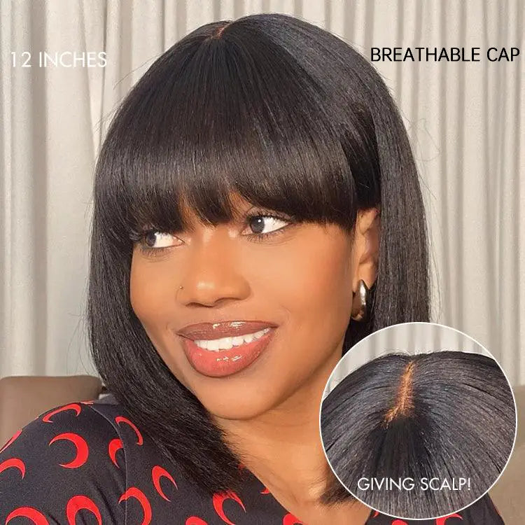 New Customers Only | Put On and Go Reddish Purple / Ash Blonde Highlight / Brown Highlight / Natural Black Layered Cut Yaki Straight Minimalist Lace Bob Wig