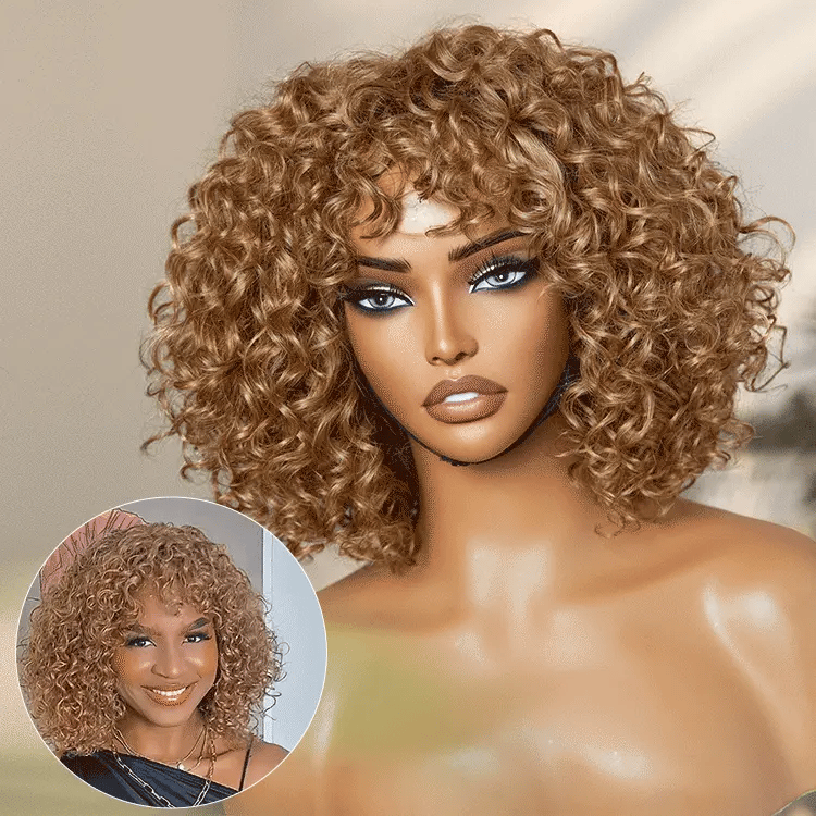 Nouveaux clients uniquement | Légère Sun-kissed Vibe Blonde Short Cut Water Wave Glueless Minimalist Lace Curly Wig with Bangs