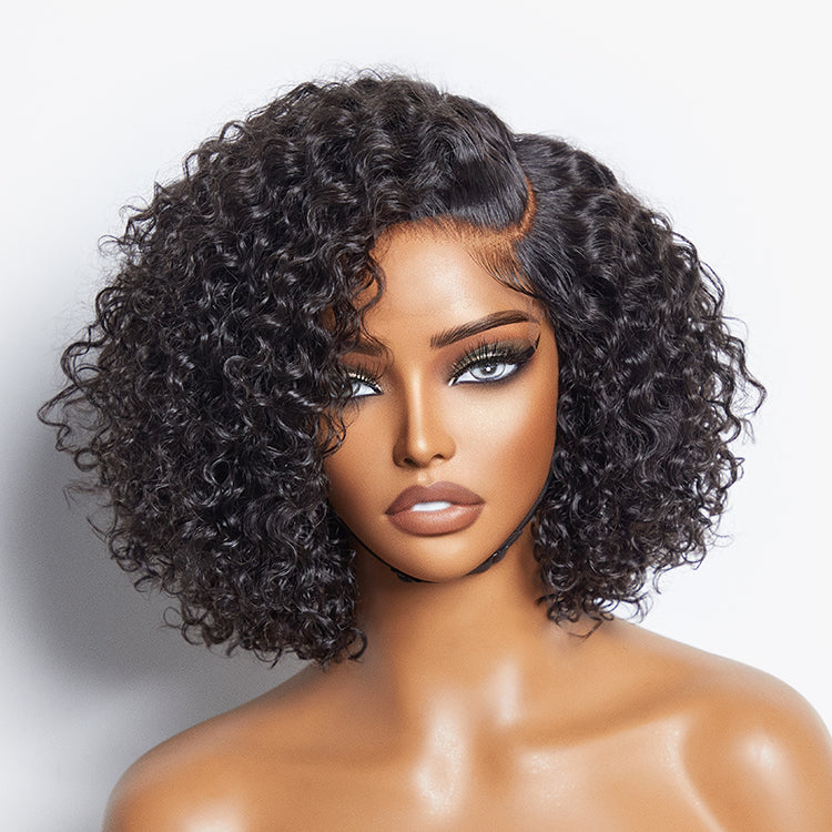 Offre spéciale | Trendy Short Cut Curly Minimalist HD Perruque de partie latérale sans colle en dentelle 100% Cheveux humains