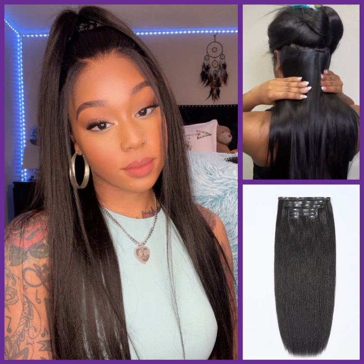 Ultra Natural Seamless Yaki Straight Clip in Extensions Human Hair with Free Gift