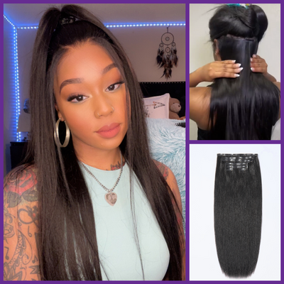Ultra Natural Seamless Yaki Straight Clip in Extensions Human Hair with Free Gift