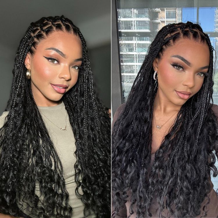 Flexi-Fit Invisi Drawstring Cap Full Lace Knotless Boho Curls Braided Long Wig Super Natural Scalp