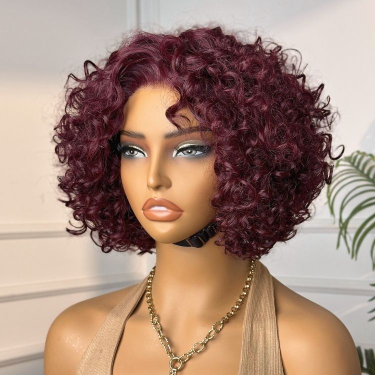 Weekly Special | Trendy Burgundy Curly Bob Glueless Minimalist HD Lace T Part 99J Hair Color Wig 100% Human Hair