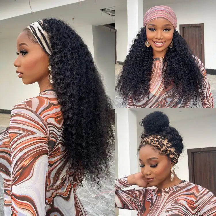 New Customers Only | Black / Brown Highlight Deep Wave Headband Wig (Get Free Trendy Headbands)