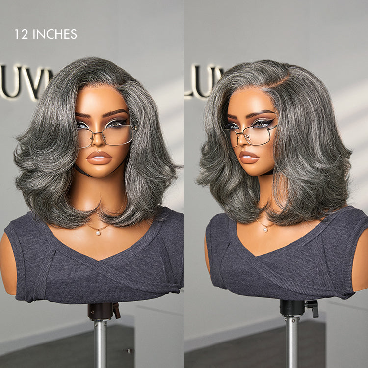 Mercredi fou | Boss Vibe Salt & Pepper Layered Bob / Body Wave Glueless Pre-Cut Minimalist Lace Grey Wig