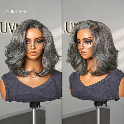 Mercredi fou | Boss Vibe Salt & Pepper Layered Bob / Body Wave Glueless Pre-Cut Minimalist Lace Grey Wig