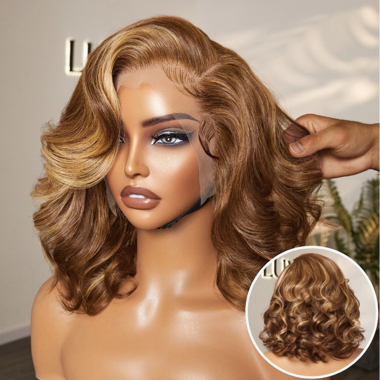 PreMax Wigs - Honey Blonde Highlight / Natural Black Bouncy Body Wave Glueless 13x4 Frontal Lace Human Hair Wig