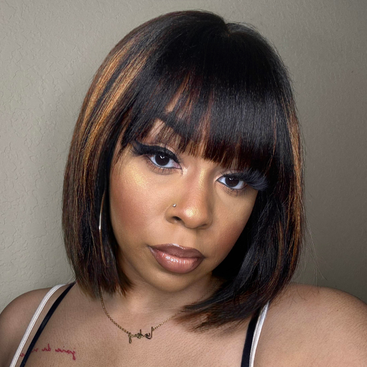 New Customers Only | Put On and Go Reddish Purple / Ash Blonde Highlight / Brown Highlight / Natural Black Layered Cut Yaki Straight Minimalist Lace Bob Wig