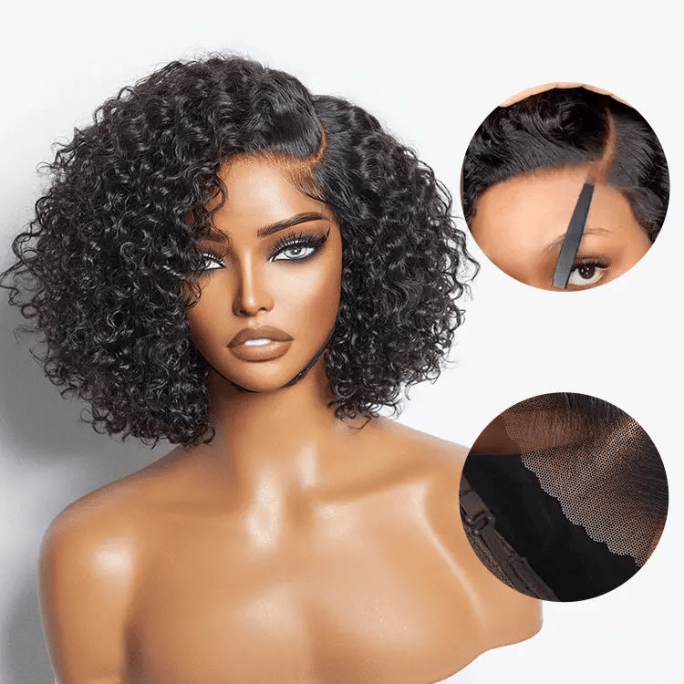 Nouveaux clients uniquement | Trendy Short Cut Curly Minimalist HD Lace Glueless Side Part Wig 100% Human Hair
