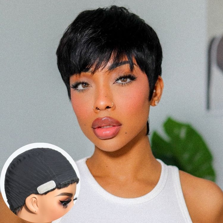 Throw On & Go Short Cut with Bangs Wig Ultra Comfort Cotton Cap Glueless Wig Hair Loss Friendly - US Only
