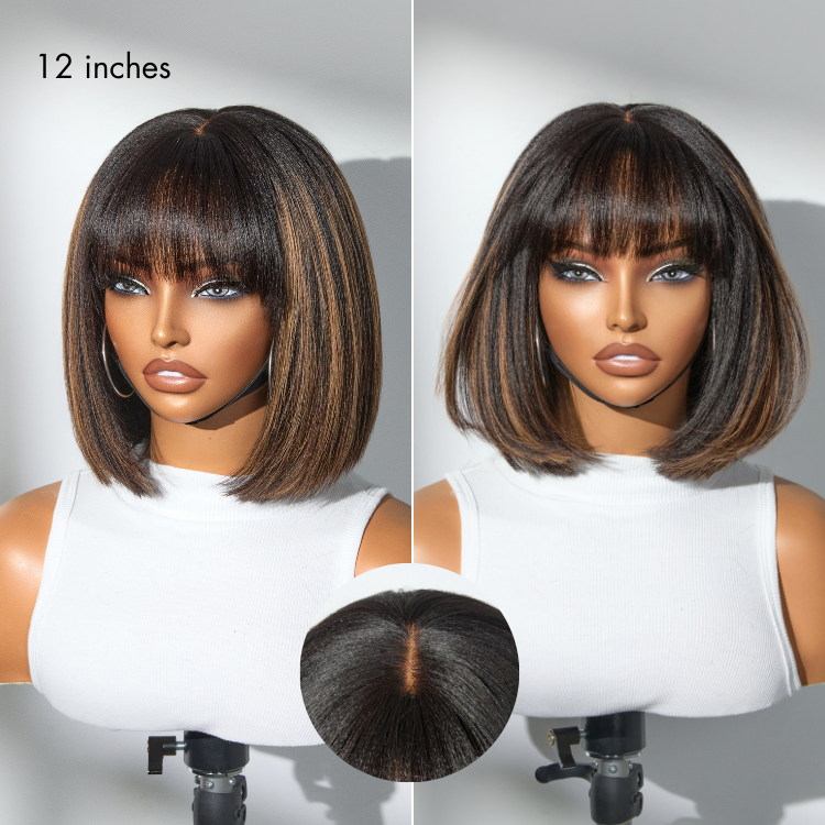 New Customers Only | Put On and Go Realistic Glueless Yaki Straight Bob with Bangs Minimalist Lace Wig 100% Human Hair
