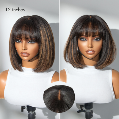 New Customers Only | Put On and Go Realistic Glueless Yaki Straight Bob with Bangs Minimalist Lace Wig 100% Human Hair