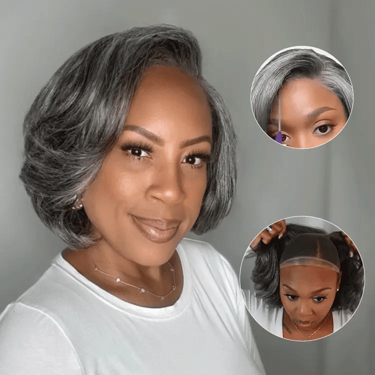 Mercredi fou | Boss Vibe Salt & Pepper Layered Bob / Body Wave Glueless Pre-Cut Minimalist Lace Grey Wig