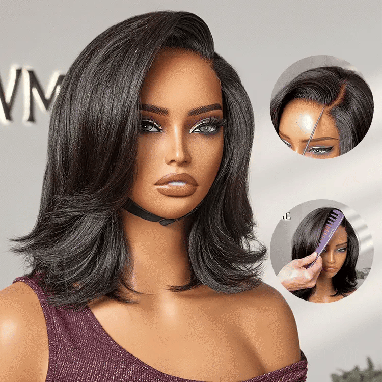Crazy Wednesday | Natural Look Yaki Texture Layered Bangs Bob Wig Glueless Minimalist HD Lace Human Hair Wig Pre-Cut Lace