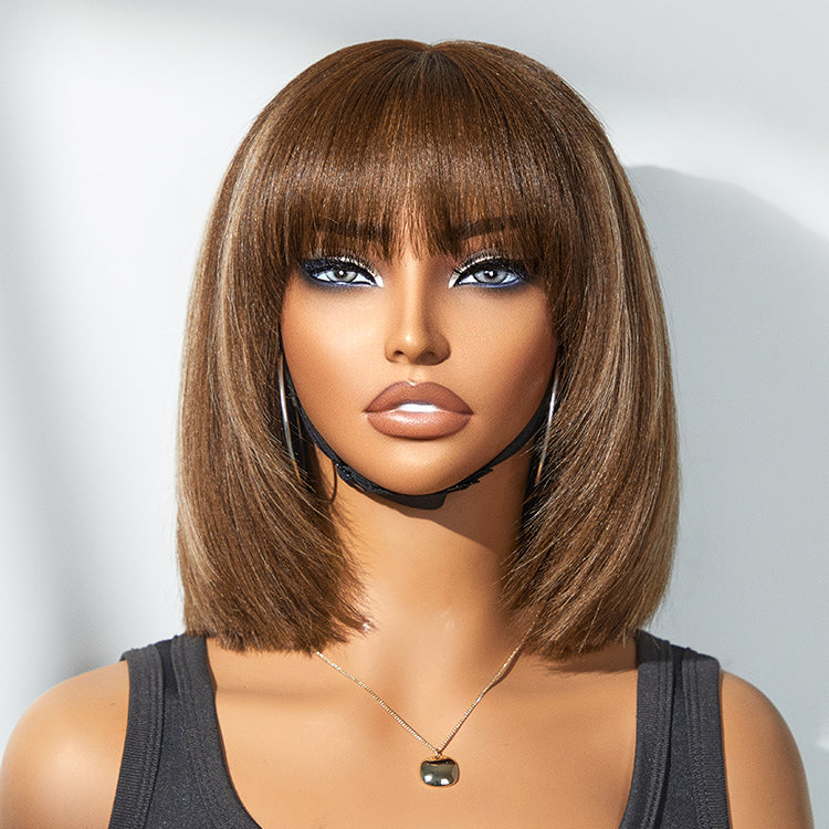 Offre exclusive Tiktok | Put On and Go Reddish Purple / Brown Highlight / Natural Layered Cut Yaki Straight Minimalist Lace Bob Wig with Frange