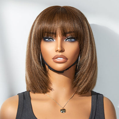 Offre exclusive Tiktok | Put On and Go Reddish Purple / Brown Highlight / Natural Layered Cut Yaki Straight Minimalist Lace Bob Wig with Frange
