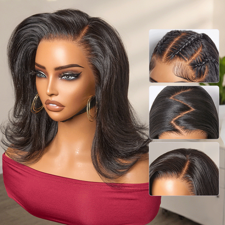 Mercredi fou | Retro 90s Flip Ends Bob Cut Wig Glueless 13x4 Frontal Lace Human Hair Wig
