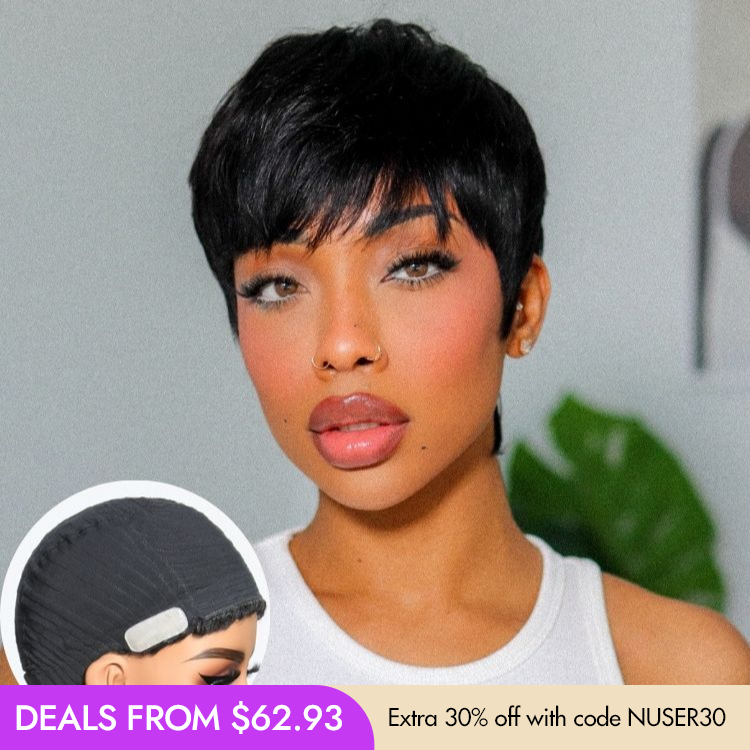 New Customers Only | Throw On & Go Short Cut with Bangs Wig Ultra Comfort Cotton Cap Glueless Wig Hair Loss Friendly - US Only