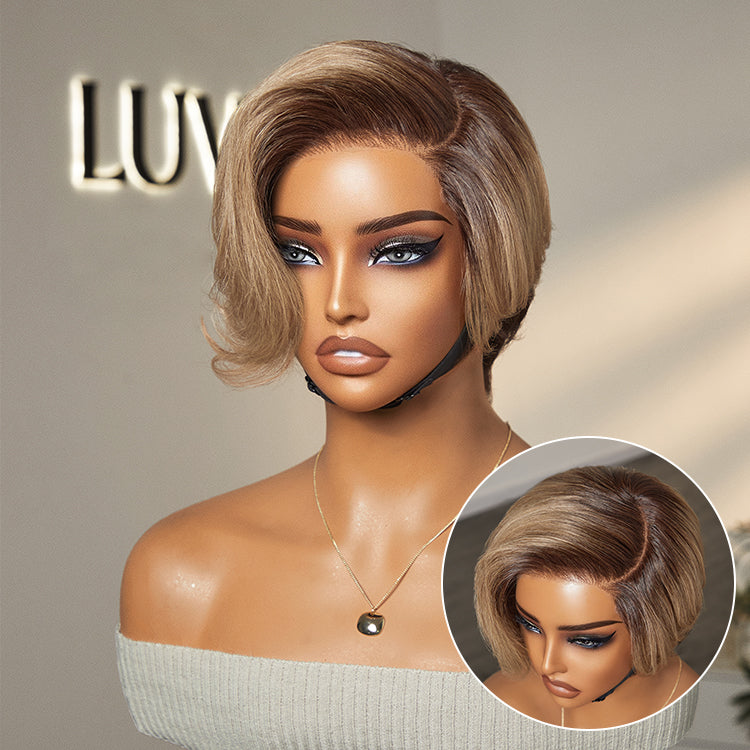 Ash Blonde Peekaboo Brown Pixie Cut Wig Glueless Minimalist HD Lace Short Blonde Wig Pre-Cut Lace