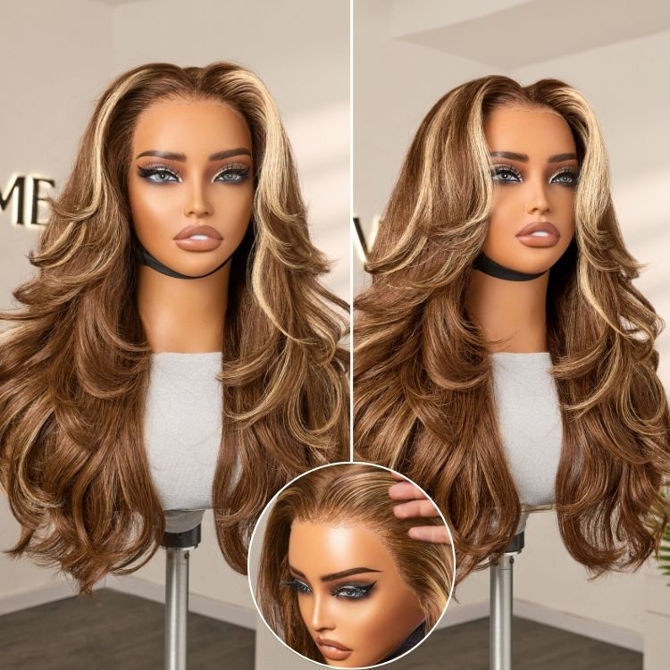 PreMax Blonde Highlight Layered Body Wave Glueless 13x4 Frontal Lace Long Wig Human Hair Pre-Cut Lace