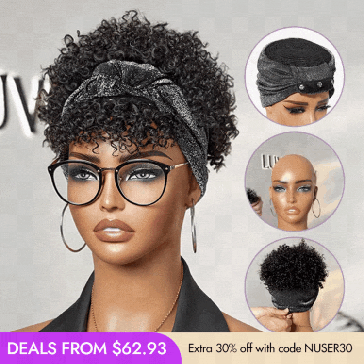 New Customers Only | Throw On & Go Glueless Afro Headband Short Curly Wig with Detachable Bangs