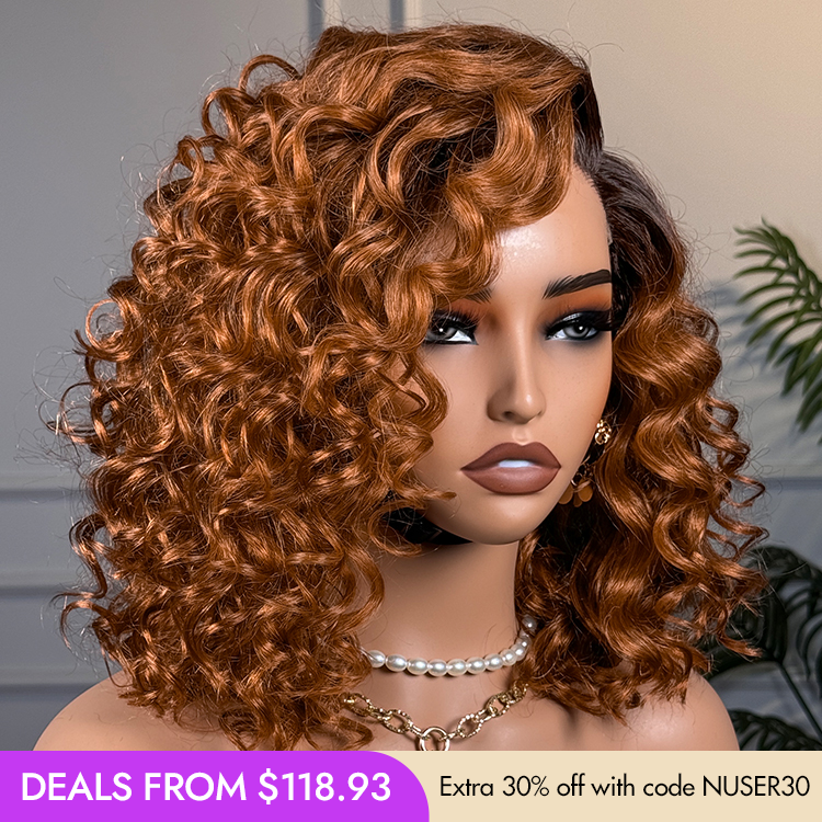 New Customers Only | Ginger Ombre Bouncy Curly Glueless Minimalist HD Lace Short Wig 100% Human Hair