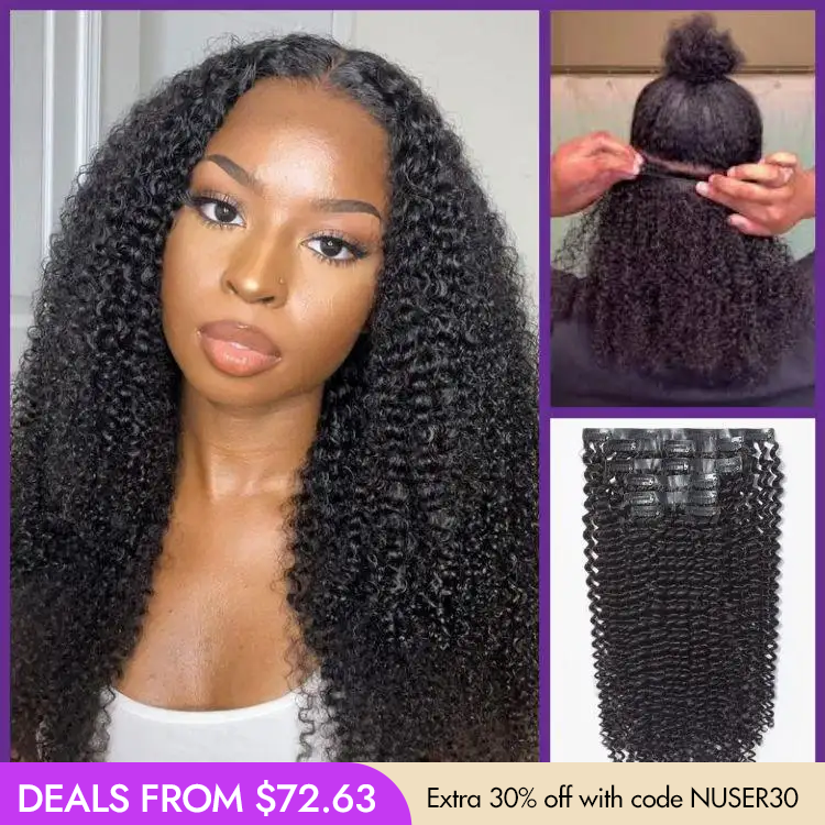 New Customers Only | Kinky Curly Invisible Edge Seamless Clip in Extensions Human Hair with Free Gift