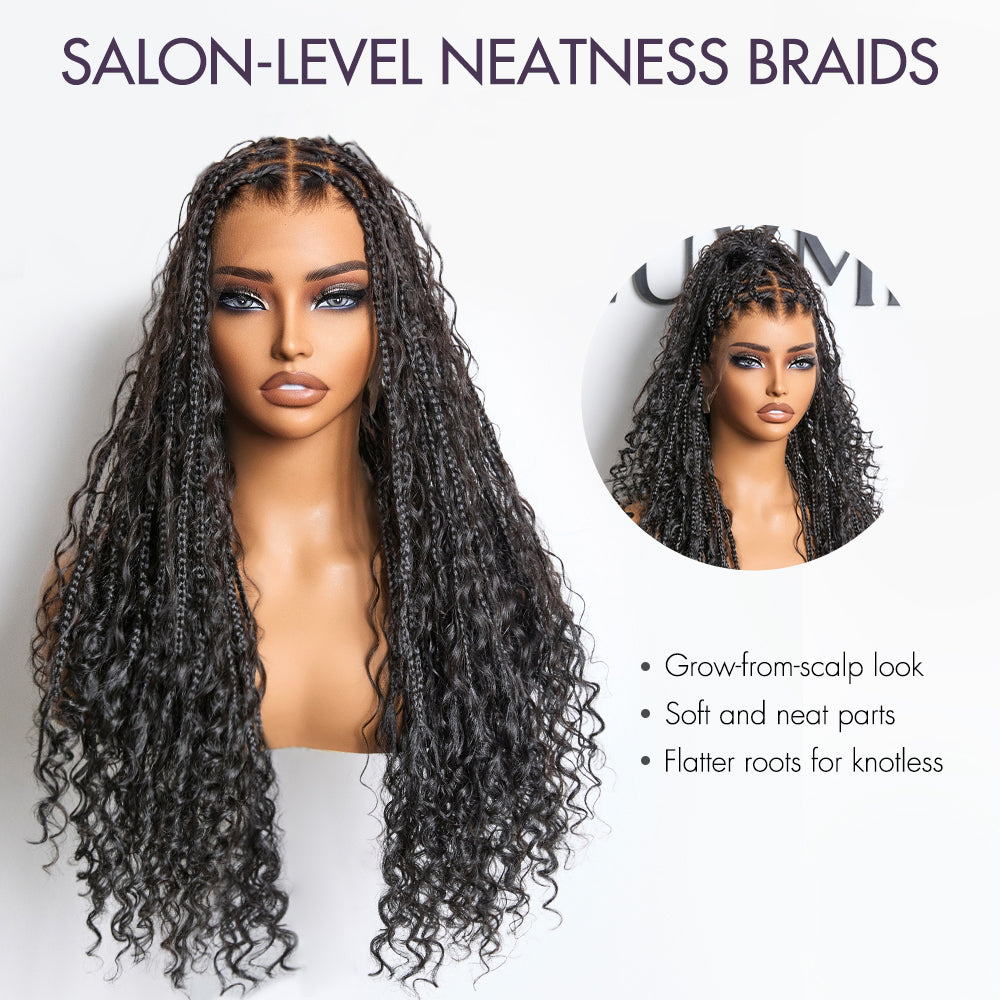 Flexi-Fit Invisi Drawstring Cap Full Lace Knotless Boho Curls Braided Long Wig Super Natural Scalp