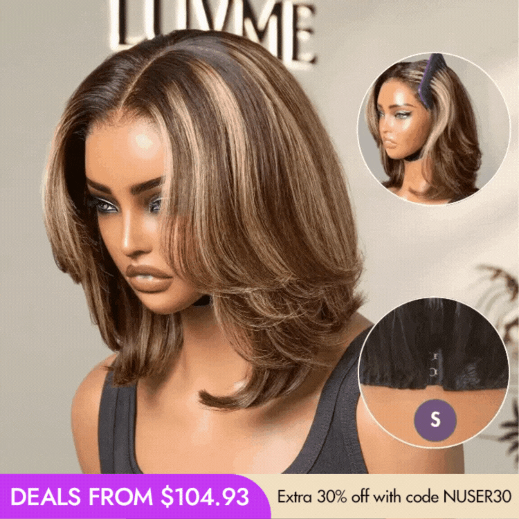 New Customers Only | Blonde Highlight Short Layered Bob Wig Glueless 5x5 Closure Pre-Cut Lace Wig All Head Sizes Fit Cap
