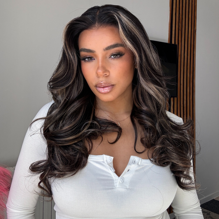 18 Inches=$129.9 | 200% Density Curtain Bangs Blonde Highlight Loose Wave Glueless 5x5 Closure Pre-Cut Lace Wig All Head Sizes Fit Cap