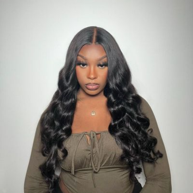 24 Inches=$189.9 | Natural Black Loose Body Wave 5x5 Closure HD Lace Glueless Mid Part Long Wig